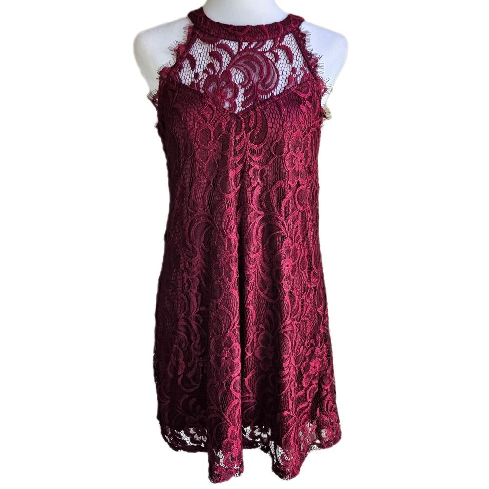 Speechless Wine Red Eyelash Lace Mini Dress Women's Medium Witchy Vamp High Neck